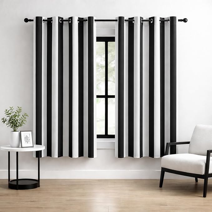 100% Blackout Curtains – Classic Black and White Stripe Curtains, 2 Panels, Each W52×L63, Thermal Insulated, Nosie Reducing for Bedroom and Living Room
