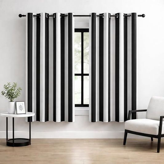 100% Blackout Curtains – Classic Black and White Stripe Curtains, 2 Panels, Each W52×L63, Thermal Insulated, Nosie Reducing for Bedroom and Living Room