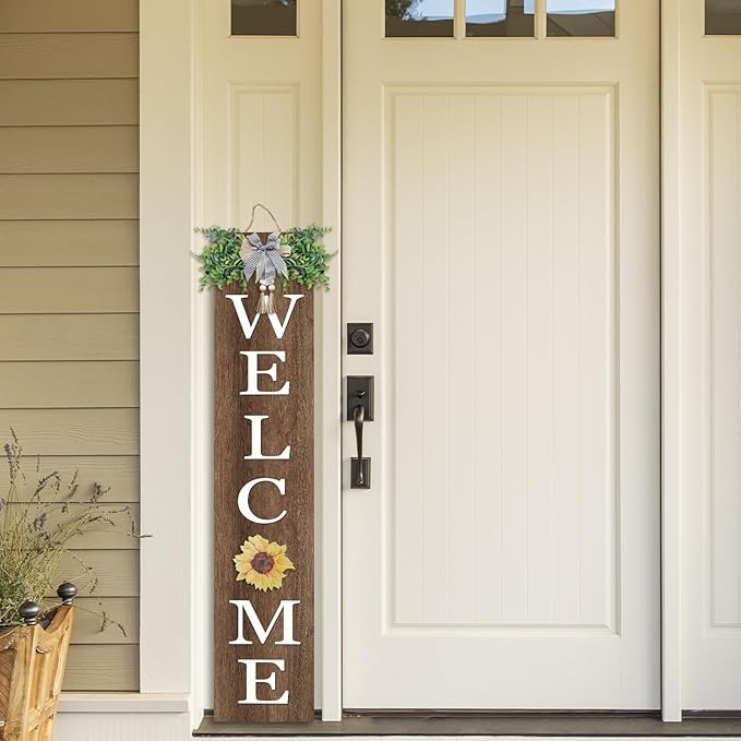 flowtorely Interchangeable Outdoor Welcome Sign for Front Porch Standing 47"×8" Set of 3 Large Wood Frame with 12 Pcs Icons Vertical Tall Leaner Outside Welcome Sign for Front Door Decor (Wood)