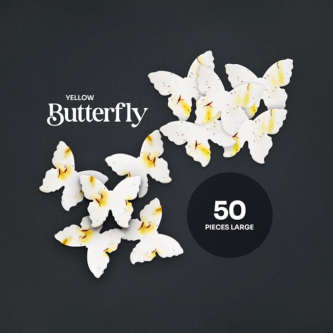 50pcs Large (2.85" h x 3" w) Yellow Butterfly Seed Paper – Writable & Plantable Wildflower, Mom's Gift for Birthday, Use for Wedding, Baby Shower, & Party Favors