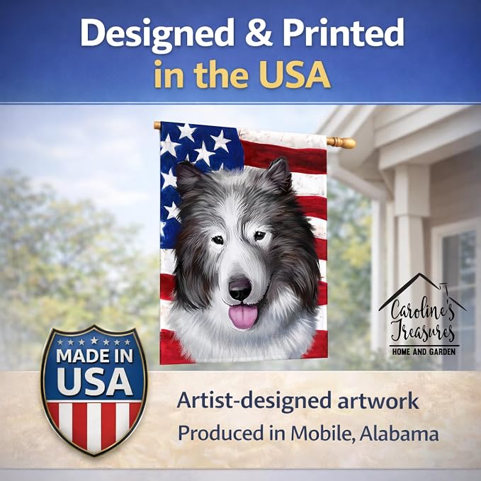 Caroline's Treasures CK6473CHF Canadian Eskimo Dog American Flag House Flag Large Porch Sleeve Pole Decorative Outside Yard Banner Artwork Wall Hanging, Polyester, House Size, Multicolor