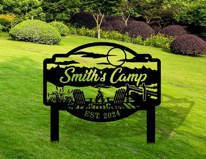 Personalized Camp fire Family Metal Signs, Outdoor Sign Wall Art, Campers Yard sign, Family Name Sign, Camper Metal Decor, Camping Stake, Yard Stake, Housewarming Present