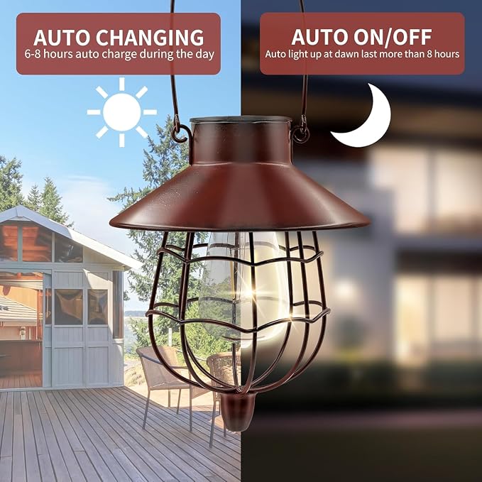 4 Pack Solar Lantern Outdoor Waterproof, Metal Solar Hanging Lamp with Warm White Bulb,Solar Lights Outdoor Design for Garden Yard Patio Proch Decor