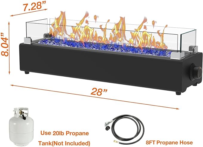 28-inch Table Top Propane Fire Pit, 40,000 BTU Tabletop Firepit for Patio, Outdoor Portable Rectangular Fire Bowl w/Wind Glass Shield, Glass Rocks - Black