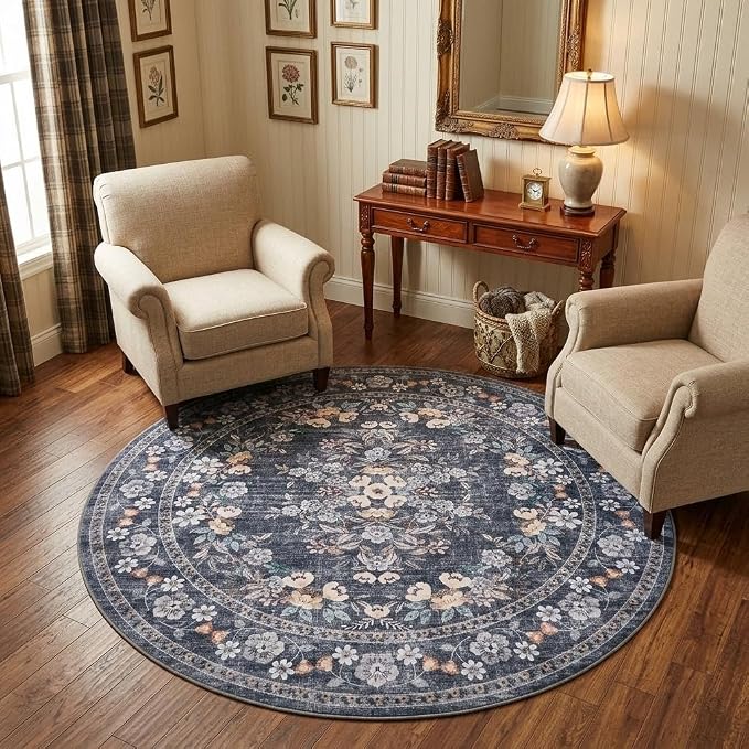 GarveeHome 6ft Large Round Rug for Living Room Distressed Floral Carpet | Vintage Flower Bordered Bedroom Rug Machine Washable Non-Slip Blue Area Rug for Conference Room Nursery Guest Room