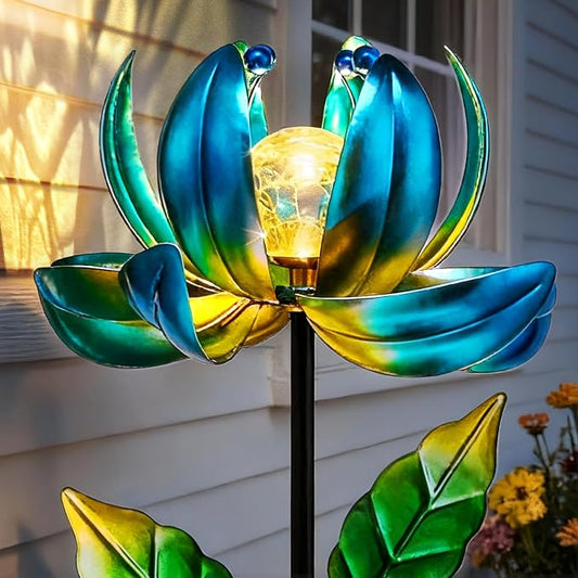 Solar Yard Lights Wind Spinners- Metal Lotus Flower Garden Decor LED Crackle Glass Globe Yard Art Sculpture Solar Stake Lights for Patio Pathway Lawn Walkway