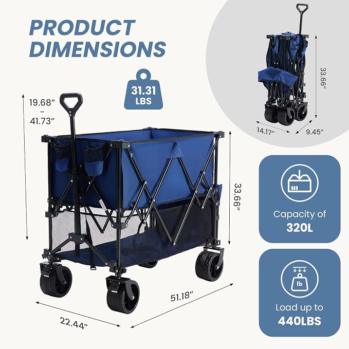 DUMOS 440LBS Heavy Duty Double Decker Wagon with 54IN Extender, 400L Large Capacity Collapsible Garden Cart, All-Terrain 7IN Wheels with Brakes, Foldable Utility Wagon for Shopping, Camping, Blue