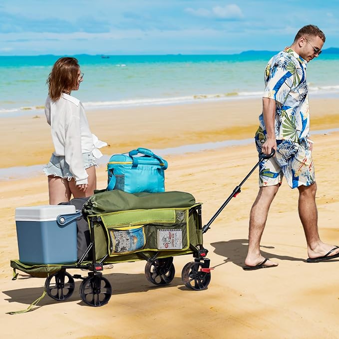 Timber Ridge 47" L Collapsible Wagon with Tailgate & Brake, 300 lbs Heavy Duty Beach Wagon with All-Terrain Big Wheels, 250L Foldable Utility Cart for Sand Camping Sports Shopping, Green