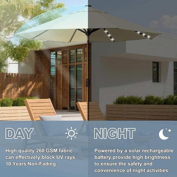 EliteShade USA 10-Year-Non-Fading 10ft Market Patio Umbrella, Commercial Grade Table Sun Umbrella with 80 Solar LED Lights, Crank Open, Windproof & UPF 50+ UV Protection for Garden, Deck, Pool, Backyard, Natural