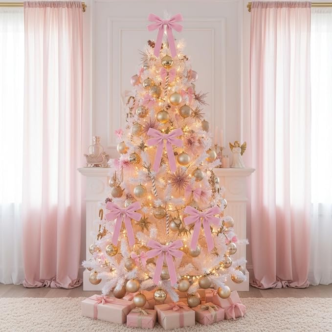 Soulchen 12 Pcs 20 Inches Christmas Garland Ties with Large Velvet Bows Reusable Holiday Wreath Twist Tie Bows for Banister Christmas Tree Indoor Outdoor Party Decorations (Pink)