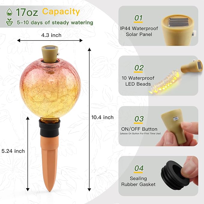 VOREEN Crackle Glass Plant Watering Globe with Terracotta Spike,Self-Watering Irrigation for Potted Plants, with Solar Accent Light for Indoor & Outdoor Décor, 17oz, Yellow–Pink Gradient