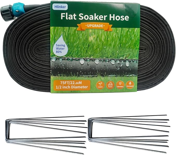 Hlinker 2026 Flat Soaker Hose 75 ft with Stake for Garden, Linkable Drip Hose Diy Automates Garden Irrigation System Saving 84% Water, Dual-layer Leak-free Design Water Hose with Holes