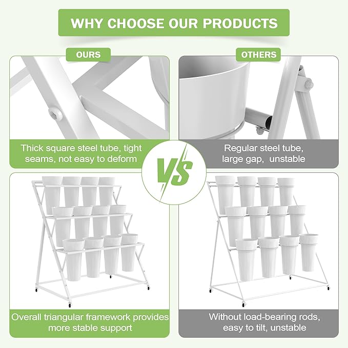 VGMiu Flower Display Stand with 12 Buckets, White Flower Cart with Wheels 3 Layers Metal Flower Bar Stand Moving Flower Stand Florist Bouquet Shelf for Weddings Party Ceremony Indoor Outdoor Garden