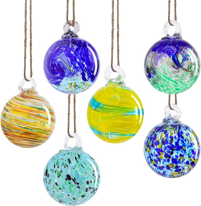 VCUTEKA Hanging Garden Gazing Ball, Glass Witch Ball for Outdoor Decor, 3" | 6pcs Hanging Gazing Balls, Hand-Blown Witch Ball Ornament Colorful Swirl Garden Globe for Outdoor Garden Lawn Yard Decorative