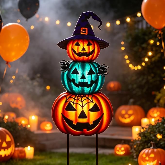 Halloween Yard Stakes Large with Stackable Pumpkins Scary Spiders | 39.3" Metal Halloween Yard Decorations for Garden, Lawn, Patio, Outdoor Decor with Witch Hat