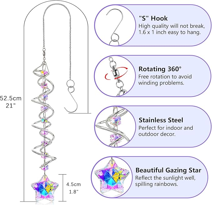 21 Inch Crystal Spiral Wind Spinner Gazing Ball Suncatcher Decor | Crystal Suncatcher Spiral Gazing Ball with Rainbow Maker Hanging Wind Spinner for Window Garden Porch Christmas Decor