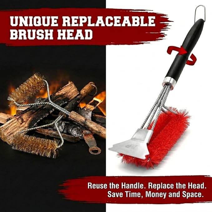 Kitchen Perfection Nylon BBQ Grill Cleaning Brush and Scraper -GrillSaver | Safe Nylon Wire Bristles for Porcelain & Ceramic Grates, Replaceable Head, Magnetic Hanger, Bottle Opener & 3 Ebooks