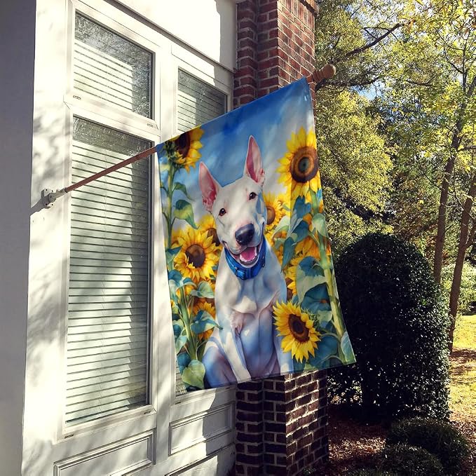 Caroline's Treasures DAC6071CHF English Bull Terrier in Sunflowers House Flag Large Porch Sleeve Pole Decorative Outside Yard Banner Artwork Wall Hanging, Polyester, House Size, Multicolor