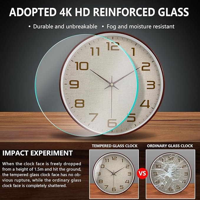 Woodgrain Wall Clock, Silent Non-Ticking Battery Operated Clock 10 Inch, Large Easy-to-Read Number Linen Texture Face Modern Analog Clocks for Living Room Bedroom Kitchen Office Gym, Brown