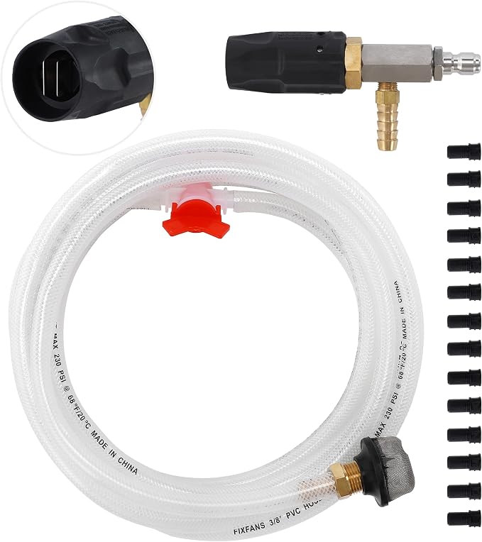 FIXFANS Adjustable Pressure Washer Long Range Nozzle, 15 FT Braid Hose, Downstream Injector Kit for High Power Washer, External Chemical Injection with 1/4 Inch Quick Connector, 5-6.5 GPM