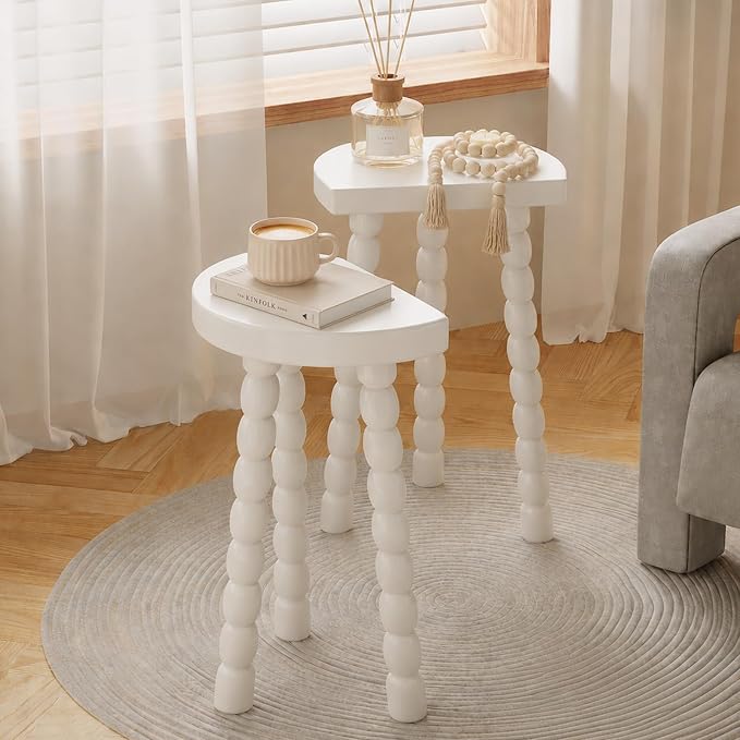 LitaEther Bobbin Side Table, Solid Wood Half Moon End Table, Small Wooden Accent Table with Chunky Turned Legs, Plant Stand for Living Room Bedroom Entryway, Modern Farmhouse Bedside Table, White