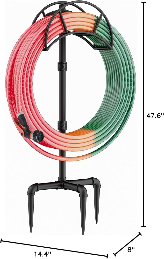 LAND·VOI Freestanding Garden Water Hose Storage Holder Stand for Outside, 160-Ft Hose Heavy Duty Metal Hanger Reel Organizer Outdoor Yard Lawn, Standing Keeper Rack with Ground Stake, Black GHH01B