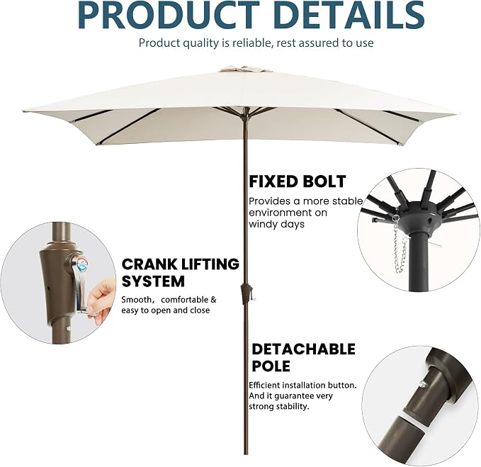 8x10FT Rectangular Patio Umbrella with Crank Lift for Garden,UV Protection Outdoor Umbrella for Deck,Pool and Yard,White