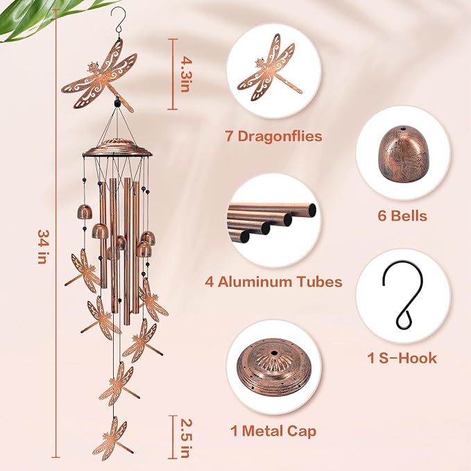 Dragonfly Wind Chimes Outdoor Dragonfly Gifts for Women/Men/Mom/Grandma/Wife Birthday Gifts Memorial Gift Metal WindChimes for Outside/Indoors, Home, Lawn, Porch, Patio, Garden Decor, Yard Decorations