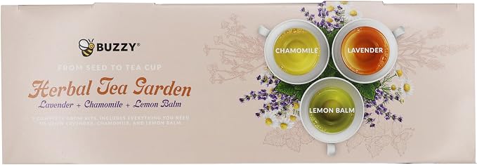 Buzzy Seeds Herbal Tea Garden Grow Kit 3-Pack - Metal Windowsill Planter - Complete Indoor/Outdoor Gardening Kit with Seeds, Coconut Husk Growing Medium & Genuine Pots - 100% Grow Guarantee