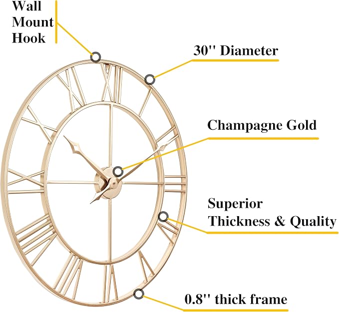 CLXEAST Champagne Gold 30 Inch Wall Clock,Large Modern Metal Roman Numeral Wall Clocks Living Room Decor,House Warming Gifts New Home
