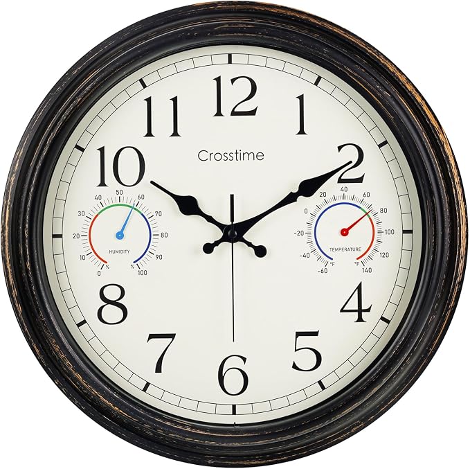 Crosstime 16 Inch Large Outdoor Clock Waterproof with Thermometer and Hygrometer Combo, Retro Indoor Outdoor Wall Clocks for Patio, Pool, Garden, Backyard Decor- Bronze