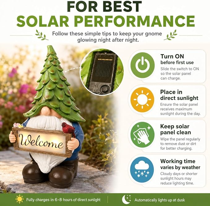 Solar Garden Gnome Statue with Welcome Sign, 13.5" Resin Outdoor Gnome Decor with LED Light, Cute Garden Statue for Yard, Porch, Patio, Lawn, Housewarming Gifts for Women Mom Grandma