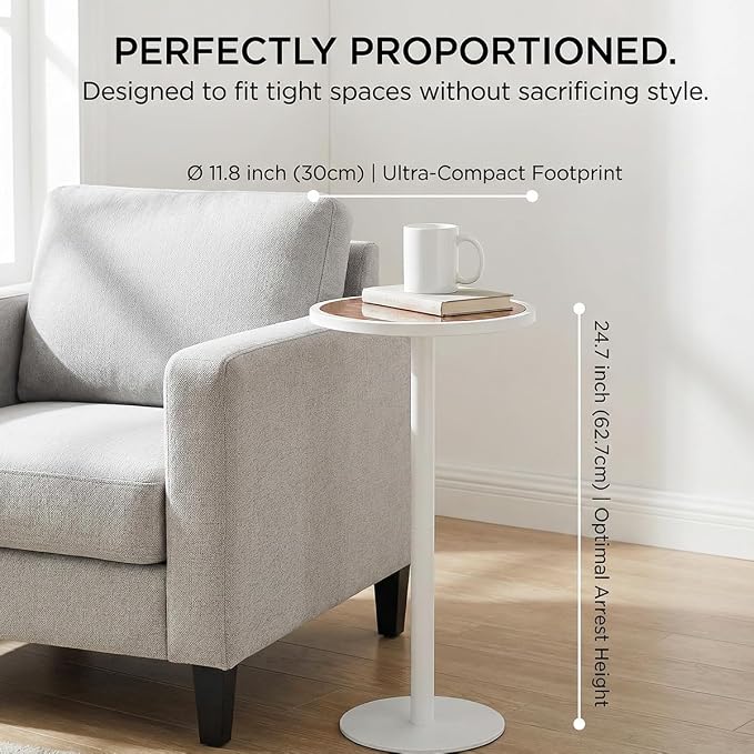 White Drink Table with Amber Tempered Glass Top, Indoor Outdoor Small Round Side Table, 24.7" Metal Pedestal End Table for Living Room, Patio, Sunroom, Boho Mid-Century Modern Decor, Cream