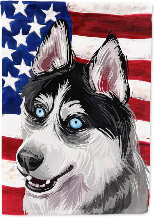 Caroline's Treasures CK6708CHF Siberian Husky Dog American Flag House Flag Large Porch Sleeve Pole Decorative Outside Yard Banner Artwork Wall Hanging, Polyester, House Size, Multicolor