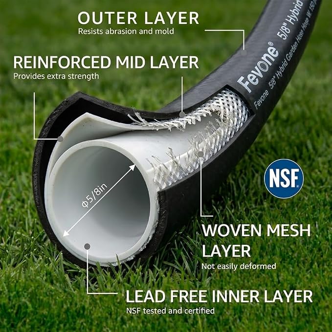 FEVONE Heavy Duty Garden Hose 100 ft, Spray Nozzle Included | Flexible Water Hose, Leak-Free, Lightweight Hybrid Polymer, 5/8 ID, 600 PSI, 3/4 GHT Aluminum Fittings with Swivel Handles