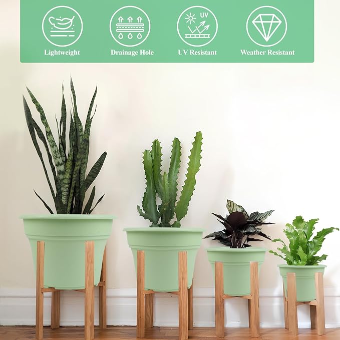 Pottiffe 13 Inch Plastic-Flower-Pot-for-Indoor-Plants, 4 Pack Large Outdoor Planter Pot with Drainage Holes & Saucers, Resin Decorative Garden Pots Planters