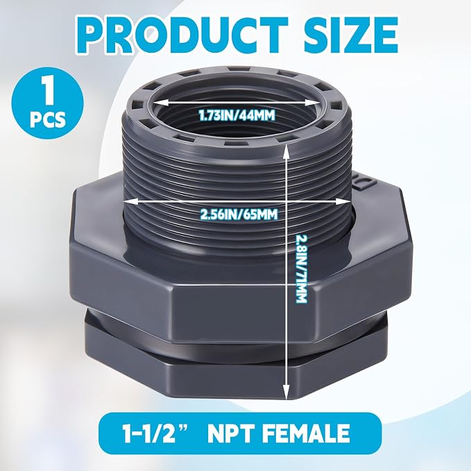 1 Pcs 1-1/2 Inch Bulkhead Fitting PVC Water Tank Connector Plumbing Pipe Threaded Bulkhead Fitting NPT for Rain Barrels, Water Tanks, Aquariums, Tubs, Pools