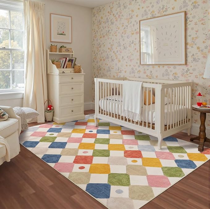 jinchan 5x7 Nursery Rug Washable Kids Playroom Rug Colorful Classroom Decor | Soft, Non-Slip, Cute, Kid-Friendly, Checkered Diamond Design, Play Mat, Cream Background, Bedroom, Dorm, Daycare, Living Room