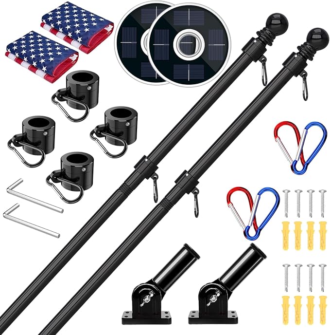 ZMTECH 2 Pack 6FT Black Flag Pole Kit for Outside House with Solar Light & American Flag, 180° Adjustable Bracket and Upgraded Tangle-Free Ring 1" Stainless Steel Flagpole for Residential, Commercial