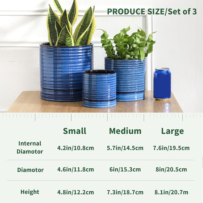 HASENSE Ceramic Pot for Indoor Plant, 8+6+4.6 Inch Planter with Drainage Holes and Saucer, Reactive Glaze Blue Flower Pots for Home Office Decor, Set of 3