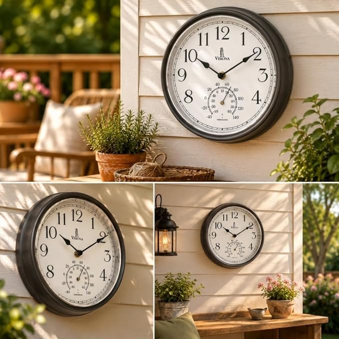 Outdoor Clocks for Patio Waterproof with Thermometer — Black 9.5 Inch Indoor Outdoor Wall Clock with Temperature Display — Weatherproof, Accurate & Easy to Read for Pool, Garden & Home Decor