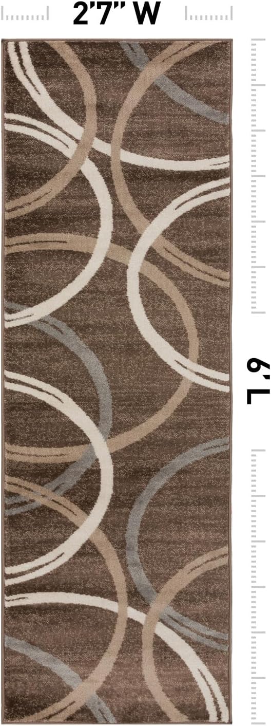 Rugshop Wavy Circles Modern Non-Shedding Runner Rug Brown 2'7" x 6' | Rectangular, Size 2'7" x 6', Living Room, Bedroom, Dining Room, Home Office, Kitchen, Entryway, Hallway, Nursery, Kids Room