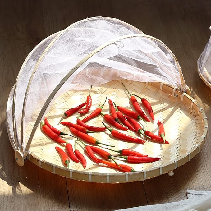 Mwellewm Food Bamboo Food Serving Tent Basket Hand-Woven Basket Serving Dustproof Round Picnic Basket Vegetable Fruits Bread Home Storage Basket with Mesh Gauze Cover Container