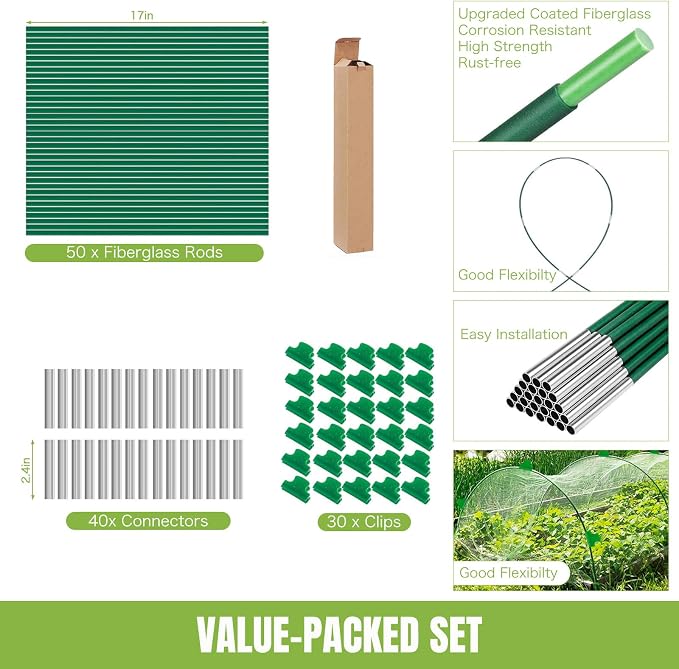 joyhalo Garden Hoops for Raised Beds, 50pcs (10 Sets) Fiberglass Hoops with PVC Coating, DIY Greenhouse Tunnel for Row Cover, Bird Netting & Plant Protection, Extend Growing Season
