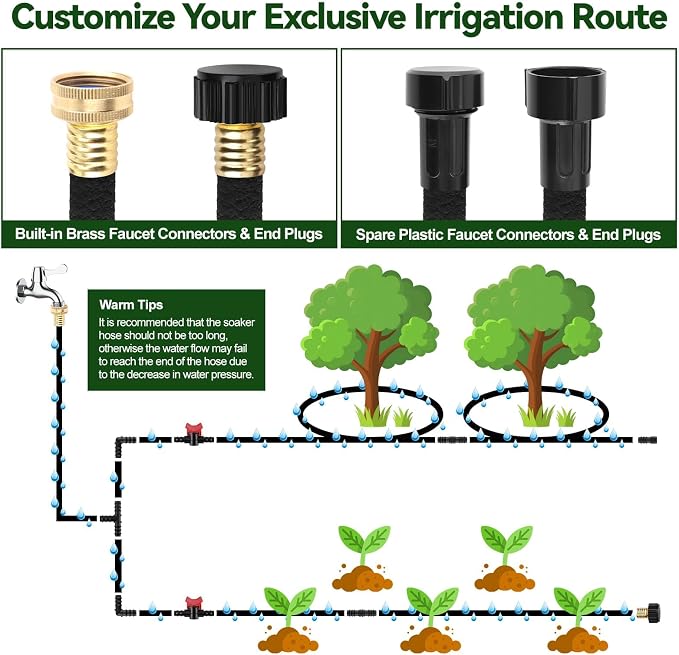 Kalolary 100FT Soaker Hose Kit 1/2" Drip Hose for Garden 80% Water Saving Drip Hose with Connectors Valve End Plug Drip Irrigation System Kit for Flower Bed Lawn Garden