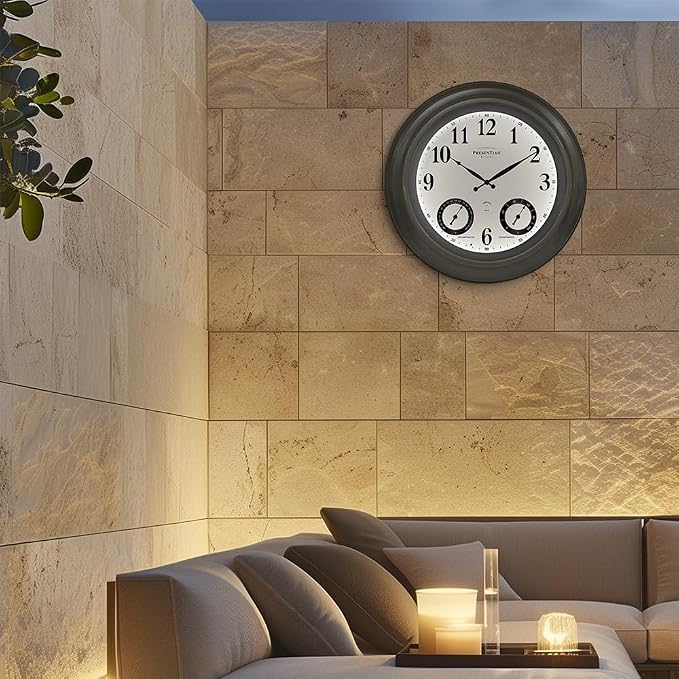 Presentime & Co 24" Jameson Illuminated in/Outdoor Clock, Modern Farmhouse, Self-Illuminated, Waterproof, Weather Station (Thermometer & Hygrometer), Metal Clock, Morning Silver. (Night Light)