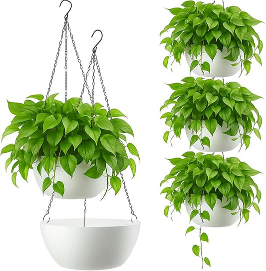 Maxcheck 4 Pack 13 Inch Large Hanging Planters Indoor Outdoor Flower Pots, Plant Containers with Drainage Hole Round Hanging Plant Pot for Home Garden Porch Balcony Patio Decor (White)