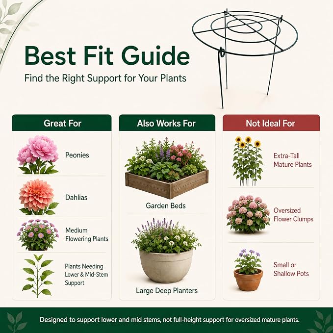 Peony Cages and Supports, 8 Pack 12 in x 15.7 in Metal Grow-Through Plant Support Rings, 3-Leg Garden Stakes for Peonies, Roses, Hydrangeas, Dahlias & Tomato Plants