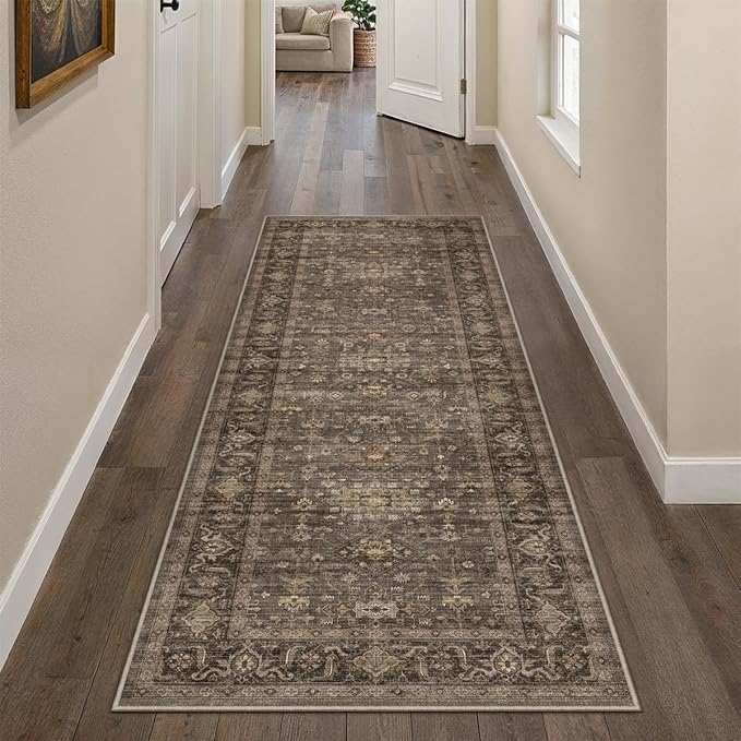 2x4 Dark Brown Vintage Runner Rug | Washable, Non Slip, Soft Low Pile, Traditional Farmhouse, for Hallway Kitchen Laundry Bathroom Bedroom