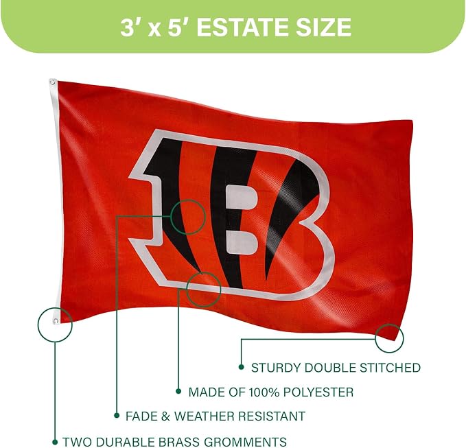 Team Sports America NFL Cincinnati Bengals 3 x 5 Outdoor Durable House Flag with Grommets | Sport Team Flag & Banner | Indoor Wall Decor Flag for Room | Works with Flag Poles for Outside House